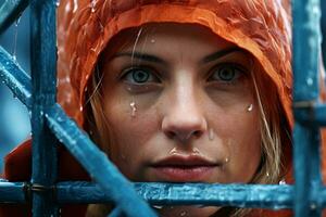 ein Frau tragen ein Regenjacke und ein Eimer auf ihr Kopf ai generiert foto