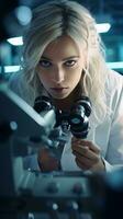 ein Frau mit ein Mikroskop zu untersuchen ein Probe ai generiert foto