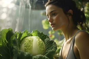 ein Frau posieren mit ein Stapel von frisch Grüner Salat ai generiert foto