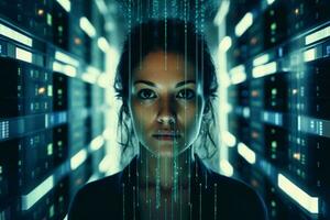 ein Frau verschlungen im ein Digital Welt, umgeben durch ein Mauer von Daten ai generiert foto