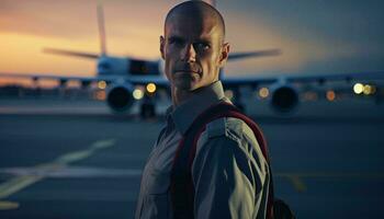 ein Mann Stehen im Vorderseite von ein Flugzeug mit ein Rucksack ai generiert foto