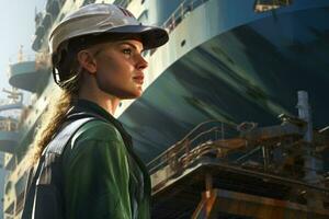 ein Frau posieren im Vorderseite von ein majestätisch Schiff ai generiert foto