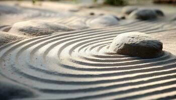 ein einsam Felsen im ein heiter Sand Garten ai generiert foto