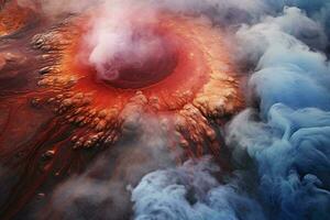 ein majestätisch Vulkan umgeben durch wirbelnd Wolken ai generiert foto