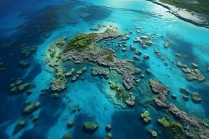 ein beschwingt und vielfältig Koralle Riff Ökosystem gesehen von über im das Kristall klar Wasser von das Ozean ai generiert foto