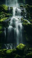 ein üppig Wasserfall umgeben durch beschwingt moosbedeckt Felsen ai generiert foto