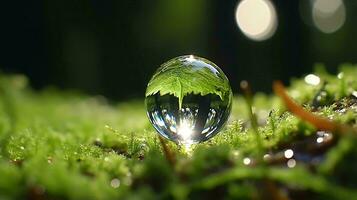 ein Single Wasser Tröpfchen auf ein beschwingt Grün Feld ai generiert foto