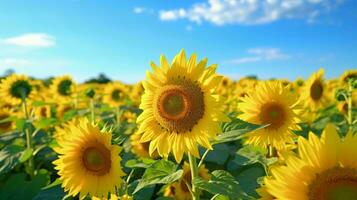 ein beschwingt Feld von Sonnenblumen unter ein klar Blau Himmel ai generiert foto