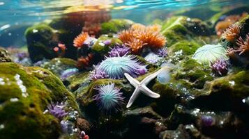 Seestern und Meer Seeigel im ein Aquarium ai generiert foto