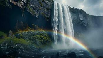 ein majestätisch Wasserfall mit ein beschwingt Regenbogen im es ist Mitte ai generiert foto