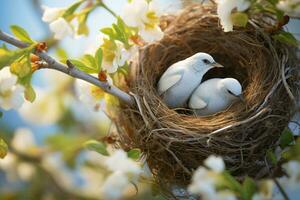 zwei Weiß Vögel Verschachtelung im ein Baum ai generiert foto