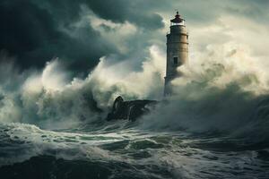 ein Leuchtturm Stehen stark inmitten ein tobt Sturm beim Meer ai generiert foto