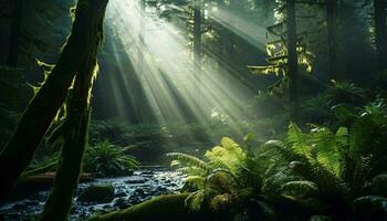 ein heiter Strom fließend durch ein beschwingt Grün Wald ai generiert foto