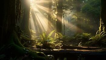 Sonnenlicht Streaming durch ein dicht Wald ai generiert foto