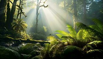 Sonnenlicht Streaming durch das Bäume im ein schön Wald ai generiert foto