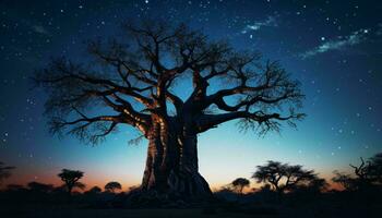 ein majestätisch Banyan Baum unter das Mondlicht ai generiert foto