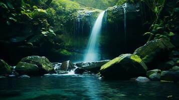 ein heiter Wald Wasserfall umgeben durch üppig Grün ai generiert foto