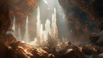 ein atemberaubend Eis Höhle gefüllt mit Felsen und gefroren Schönheit ai generiert foto
