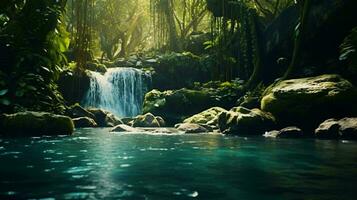 ein heiter Wasserfall eingebettet im ein üppig Wald Rahmen ai generiert foto