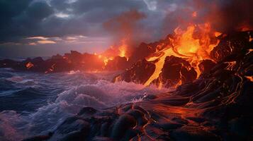 ein fest Lava fließen umgeben durch Wasser ai generiert foto