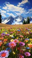 ein bunt Feld von Blumen mit majestätisch Berge wie ein atemberaubend Hintergrund ai generiert foto