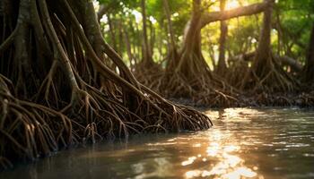 Sonnenlicht Streaming durch Bäume und reflektieren auf Wasser ai generiert foto