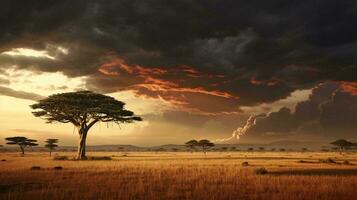 ein heiter Landschaft mit ein einsam Baum und schön Wolke Formationen ai generiert foto