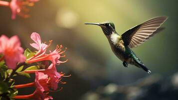 ein Kolibri im Flug über ein beschwingt Rosa Blume ai generiert foto