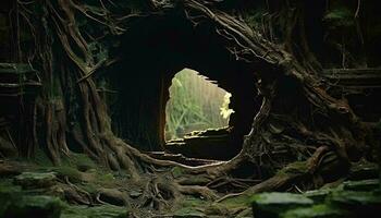 ein moosbedeckt Tunnel im ein heiter Wald Rahmen ai generiert foto
