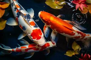 zwei beschwingt Koi Fisch anmutig Schwimmen im ein heiter Teich ai generiert foto