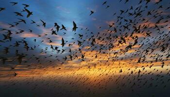 ein faszinierend Sonnenuntergang Himmel gefüllt mit ein anmutig Herde von Vögel im Flug ai generiert foto