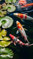 ein beschwingt Schule von Koi Fisch anmutig Schwimmen im ein heiter Teich ai generiert foto