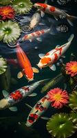 ein beschwingt Gruppe von Koi Fisch anmutig Schwimmen im ein heiter Teich ai generiert foto