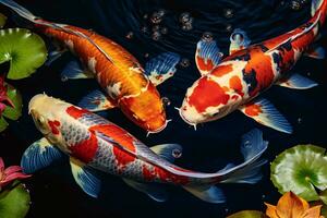 ein beschwingt Gruppe von Koi Fisch Schwimmen anmutig im ein heiter Teich ai generiert foto