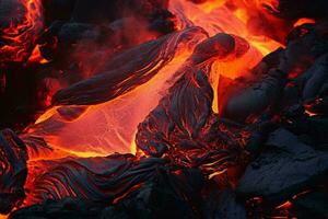 ein feurig vulkanisch Eruption mit geschmolzen Lava fließend Über Felsen ai generiert foto