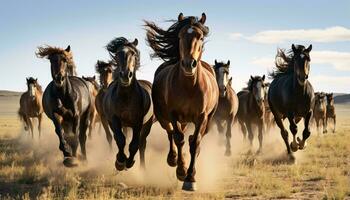 Pferde Laufen frei im ein riesig trocken Gras Feld ai generiert foto