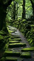 ein heiter Wald Pfad bedeckt im üppig Grün moosig Felsen ai generiert foto