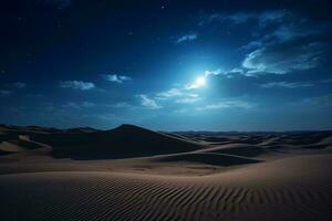 ein atemberaubend voll Mond leuchten ein riesig Wüste Landschaft ai generiert foto