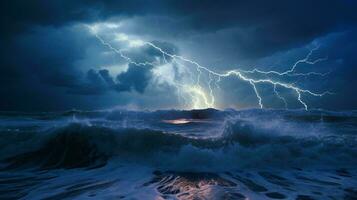 ein mächtig Sturm Annäherung ein entfernt Leuchtturm Über das Ozean ai generiert foto