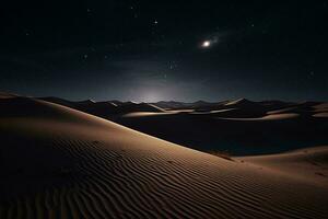 ein atemberaubend Wüste Landschaft beleuchtet durch ein voll Mond ai generiert foto