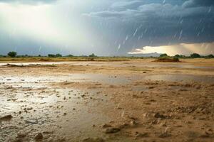 ein tief Pfütze von Wasser im das Mitte von ein trocken Feld ai generiert foto