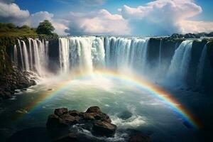 ein majestätisch Wasserfall mit ein beschwingt Regenbogen glitzernd im das Sonnenlicht ai generiert foto