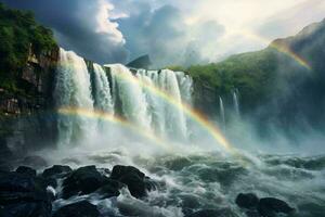 ein majestätisch Wasserfall mit ein beschwingt Regenbogen im das Mitte von es ist Kaskadierung Wasser ai generiert foto