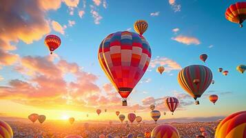 heiß Luft Luftballons hochfliegend durch das Himmel im ein bunt Anzeige ai generiert foto