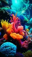 ein beschwingt unter Wasser Welt gefüllt mit bunt Korallen und Schwämme ai generiert foto