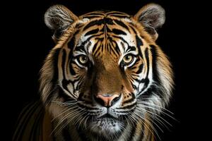 ein majestätisch Tiger oben schließen gegen ein dunkel Hintergrund ai generiert foto