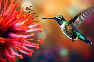 ein Kolibri im Flug gegenüber ein beschwingt Blume mit ein verträumt verschwommen Hintergrund ai generiert foto