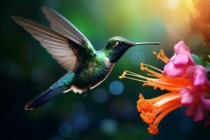 ein schön Kolibri im Flug, gefangen im atemberaubend Detail gegen ein beschwingt Blume Hintergrund ai generiert foto