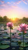 zwei Rosa Wasser Lilien im ein Teich beim Sonnenuntergang ai generiert foto