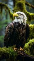 ein majestätisch kahl Adler thront auf ein moosig Ast ai generiert foto